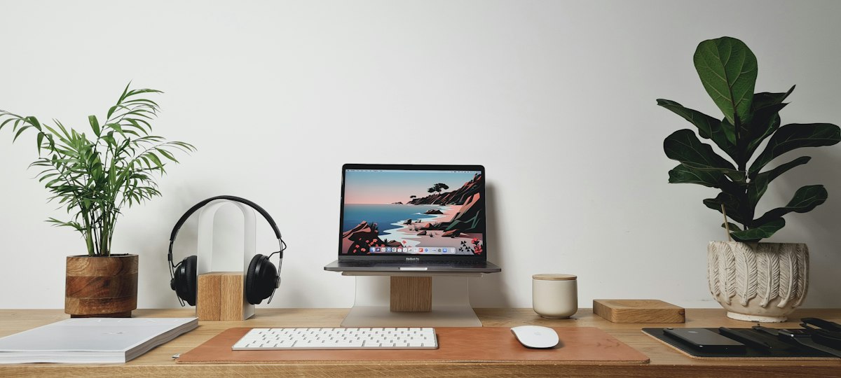 Minimal home office desk with a laptop, headphones and plants